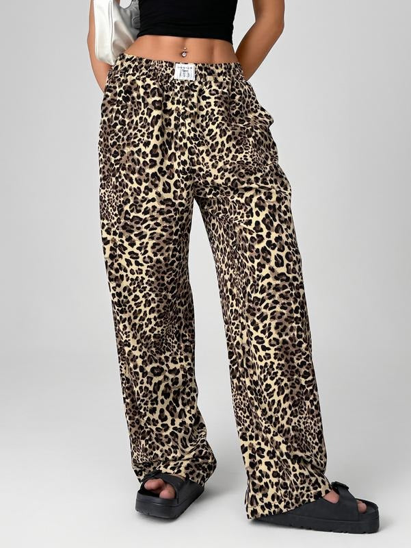 Letter Leopard Print Straight Leg Pants Elastic Waist Y2K Trousers Bottoms with Pockets T-Shirts, Hoodie, Sweatshirt