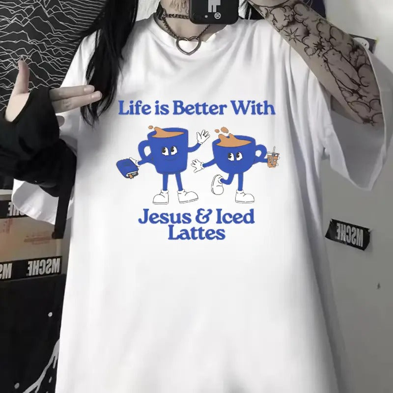 Life Is Better With Jesus & Iced Lattes Unisex Washed T-Shirt Hoodie, Sweatshirt | DripVista.com
