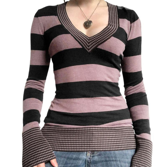 Women Trendy Knitted Tops, Knit Striped V-Neck Long Sleeve Ribbed Cuffs Knitwear for Females, Brown/Light Coffee Casual Fashion