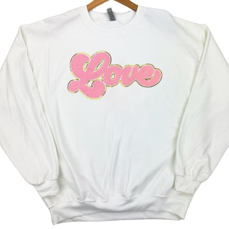 Light Pink Chenille Love Patch Sweatshirt -- WHITE T-Shirts, Hoodie | DripVista.com