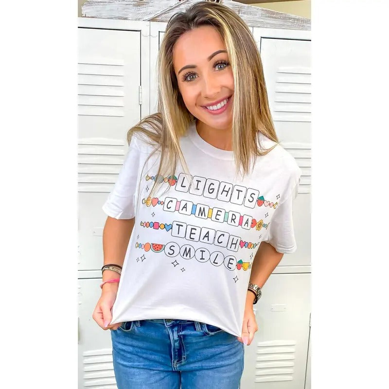 Lights Camera Teach Smile White Graphic T-Shirt Hoodie, Sweatshirt | DripVista.com