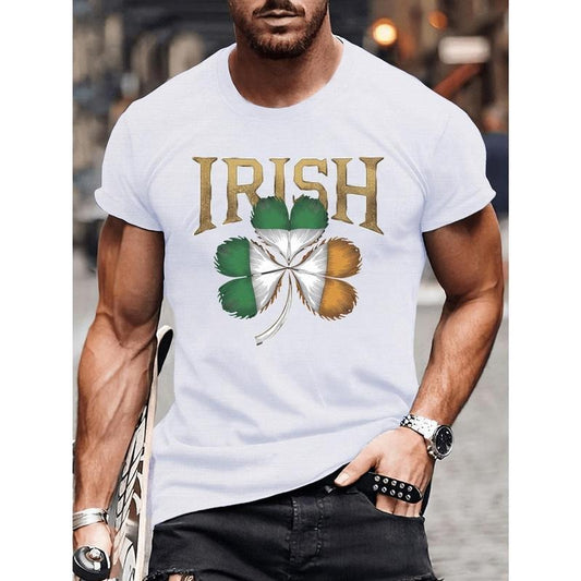 Lightweight Casual Men's Crew Neck IRISH Flag Clover Short Sleeve Tee Shirt, Comfy Summer Versatile Outfits Clothes Made in USA