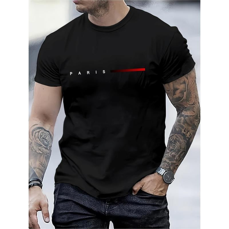 [Lightweight Feel] Men'WB shield Casual Comfy Graphic Tee - "PARIS" Letter Print, Crew Neck, Short Sleeve T-Shirt for...