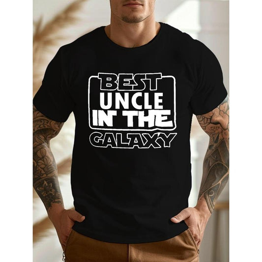 Lightweight Shirt| Best Uncle in the for Galaxy" Men's White Graphic Tee - Casual Crew Neck Short Sleeve, Lightweight & Comfy Cotton Summer Shirt, Uncle Tshirt Made in USA