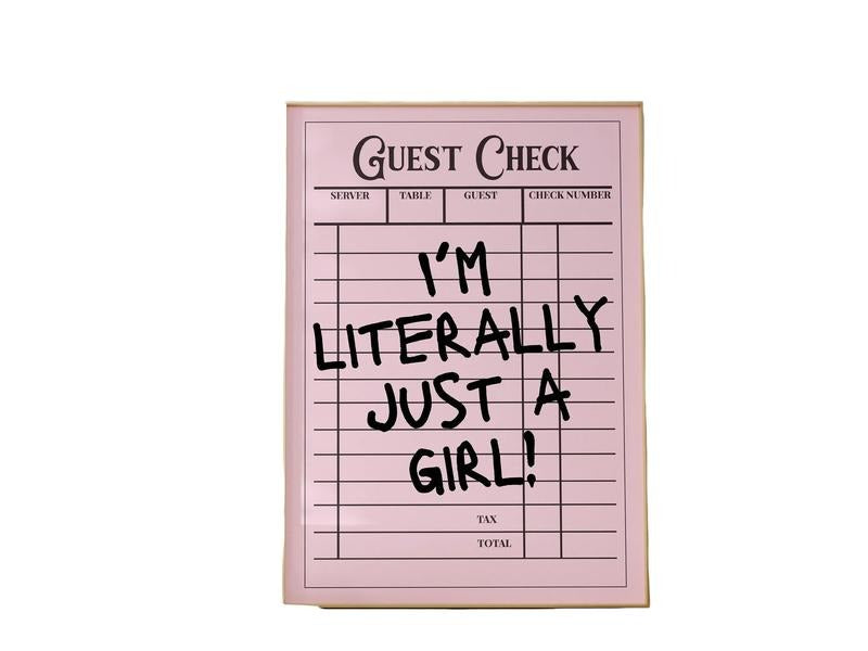 Literally Just A Girl Guest Check Coquette Print, Trendy Wall Art, Guest Check Poster Print Retro Wall Art, Dorm Room...