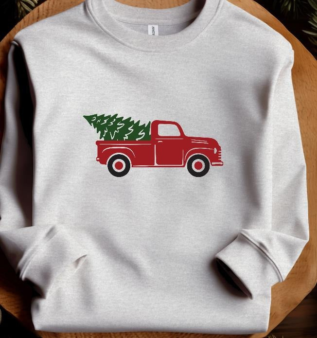 Little Red Truck Hauling a Christmas Tree Sweatshirt Festive T-Shirts, Hoodie | DripVista.com