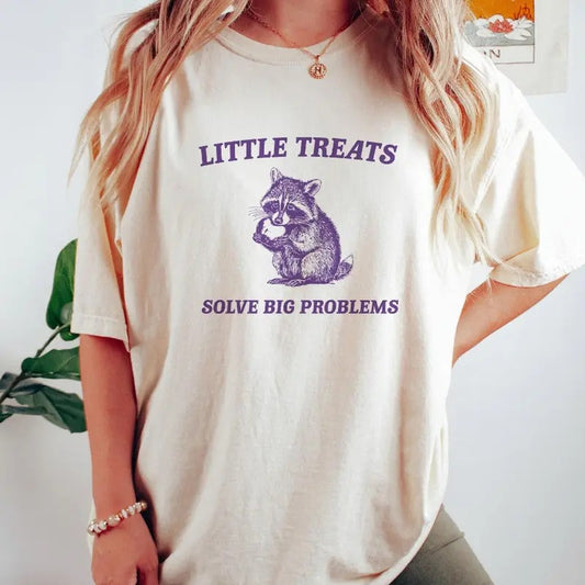 Little Treats Solve Big Problems , Vintage Drawing T Shirt, Raccoon Meme T Shirt, Sarcastic T Shirt, Unisex