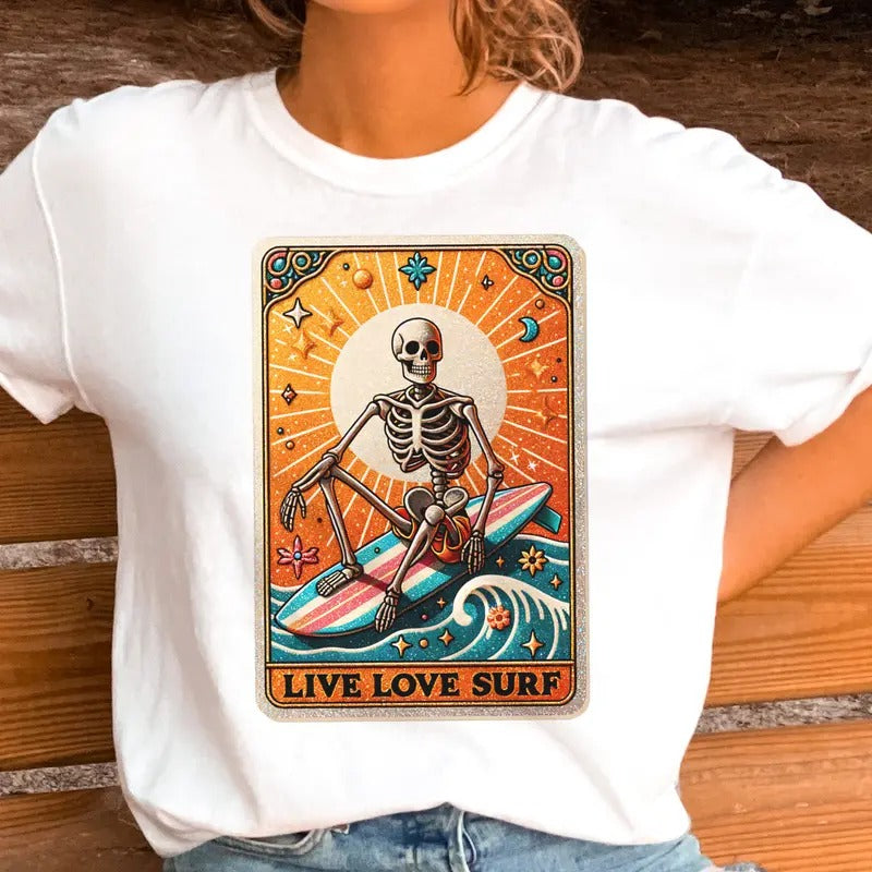 Live Love Surf Skull Tarot Tee Summer Live Love Surf Skeleton Tee Beach Tarot T-Shirt Hoodie, Sweatshirt | DripVista.com