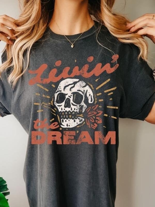 Livin the Dream Tee, Dreamer TShirt, Cute Skeleton T Shirt, Boho Western Shirt Hoodie, Sweatshirt | DripVista.com