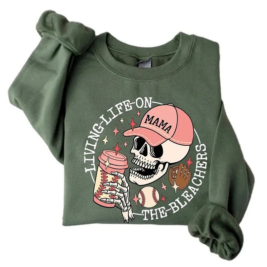 Living Life on the Bleachers Mama Sweatshirt, Skull Sweatshirt, Sports and Coffee Sweater, Baseball Mom Shirt Womenswear Leggings Casual Cotton