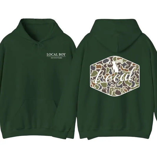 Local Boy Outfitters Hoodie - Original Camo Graphics Hoodie, Perfect for Outdoor and Dog Lovers, Unisex Hoodie Comfort and Style