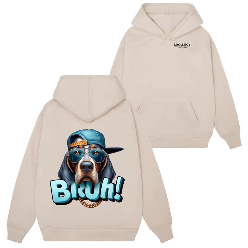 Local Boy Outfitters Sweatshirt Hoodie Tshirt- Playful Dog with Cool Sunglasses and "Bruh!" Catchphrase for Fun, Trendy Style, Perfect for Dog Lovers and Casual Wear, Suitable for Men and Women Menswear Sweaters