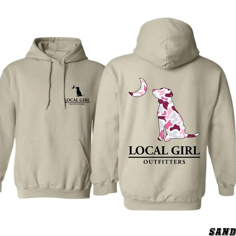 Local Girl Pink Camoflage Dog and Moon 2 sides Unisex Hoodie - Sweater - T-shirt Sweatshirt | DripVista.com