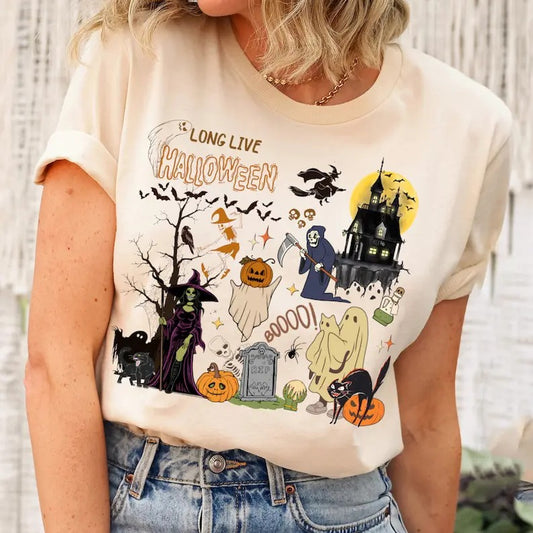 Long Live Halloween Comfort Colors Shirt, Vintage Halloween Shirt, Fall Apparel, Spooky Season Pumpkin Shirt, Black Cat  Traditional Womenswear