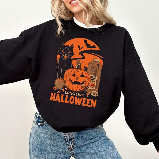 Long Live Halloween Sweatshirt, Black Cat Halloween Shirt, Vintage Halloween Sweatshirt, Witchy Pumpkin Black Cat Shirt, Vintage 90s Halloween Shirt