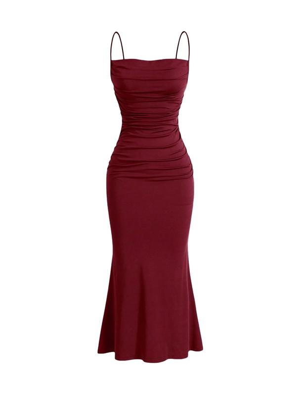 Long Slip Dress Ruched Spaghetti Strap Sleeveless Fishtail Bodycon Maxi Cami Dress T-Shirts, Hoodie, Sweatshirt