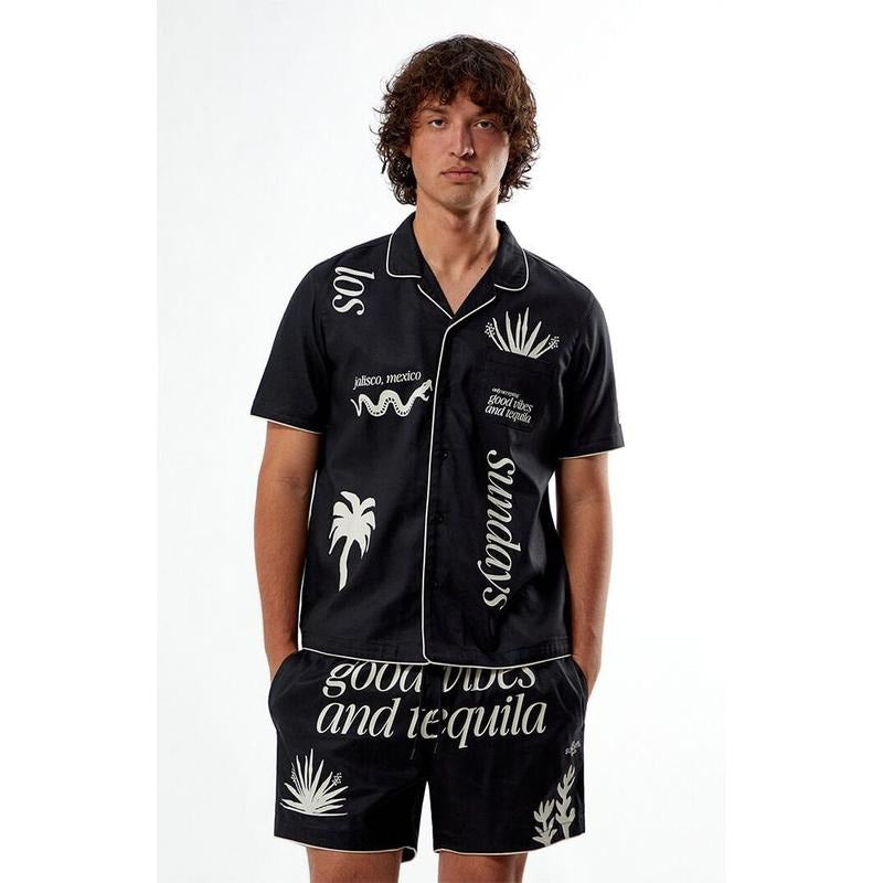 Los Sundays Men's Good Vibes Woven Camp Shirt Hoodie, Sweatshirt | DripVista.com