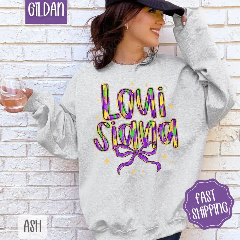 Louisiana Bow Sweatshirt, Coquette Mardi Gras Bow Crewneck, Holiday Women's Sweater T-Shirts, Hoodie | DripVista.com