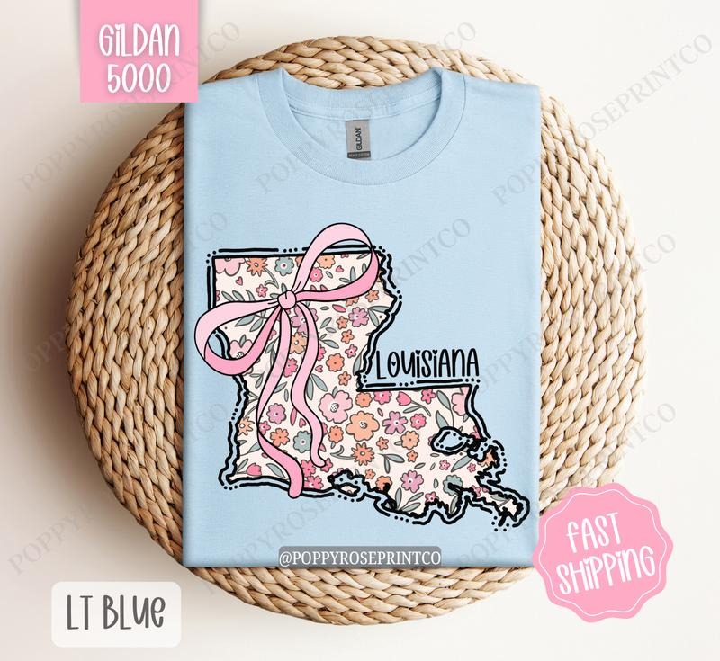 Louisiana Gildan T-shirt, Cute Louisiana State Shirt, Louisiana Floral Bow Tee Hoodie, Sweatshirt | DripVista.com