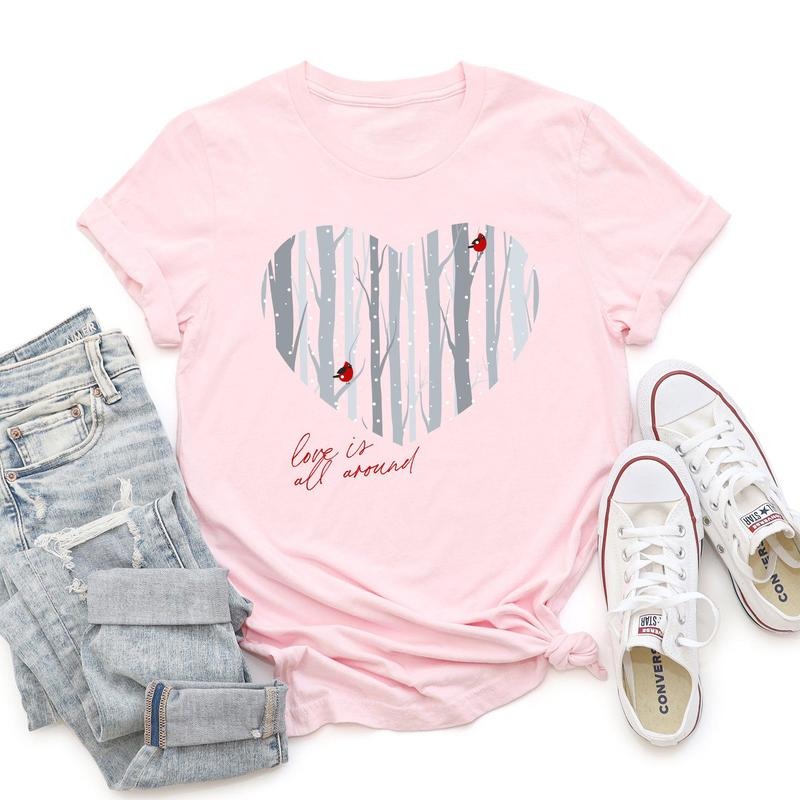 Love Is All Around, Winter Forest, Cardinal, Heart, Super Soft Tshirt, Valentine's Day Hoodie, Sweatshirt | DripVista.com