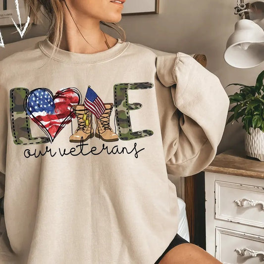 Love Our Veterans Sweatshirt, Memorial Day Tee, Independence Day Gift, American Flag Shirt, Patriotic Shirt, Veteran Sweatshirts  Fabric Casual Cotton Oversized Womenswear