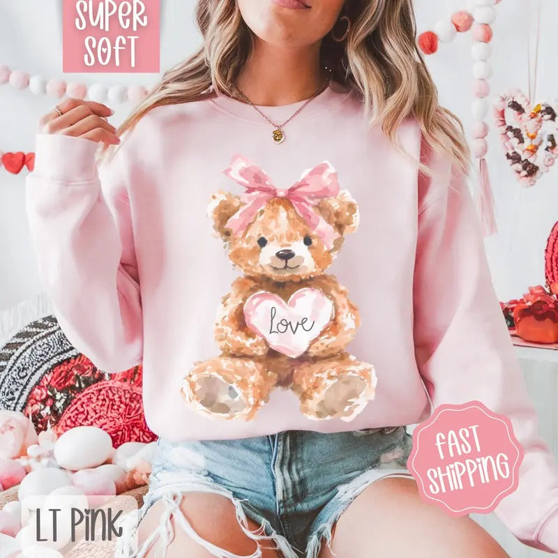 Love Teddy Bear Sweatshirt, Valentine's Day Crewneck, Holiday Women's Sweater T-Shirts, Hoodie | DripVista.com
