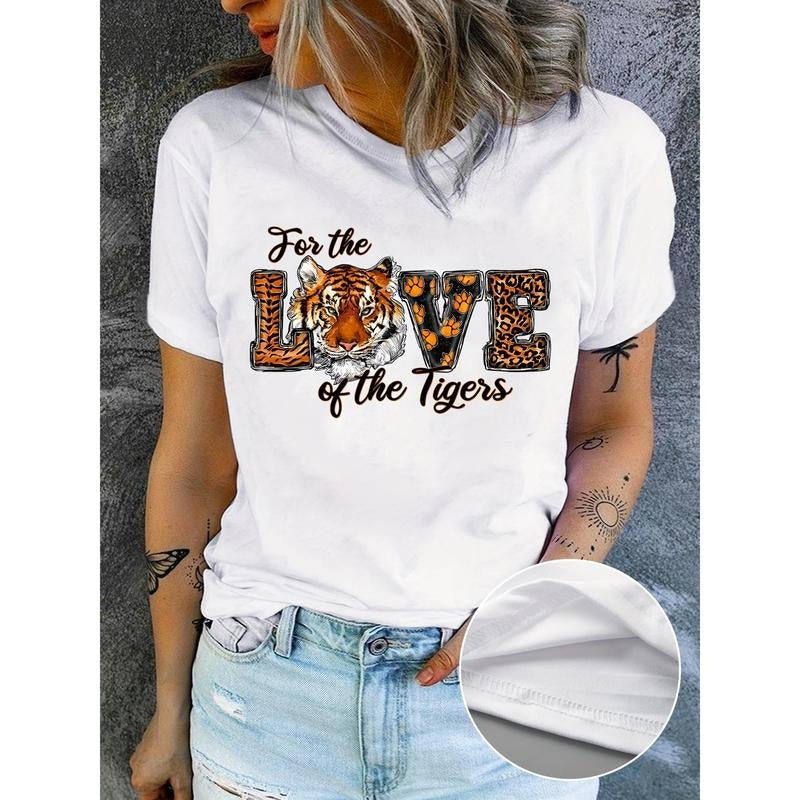 Love Tigers Valentine'WB shield Day Women'WB shield T-Shirt - FOG Polyester, Casual Crew Neck, Semi-Sheer with Geometric...