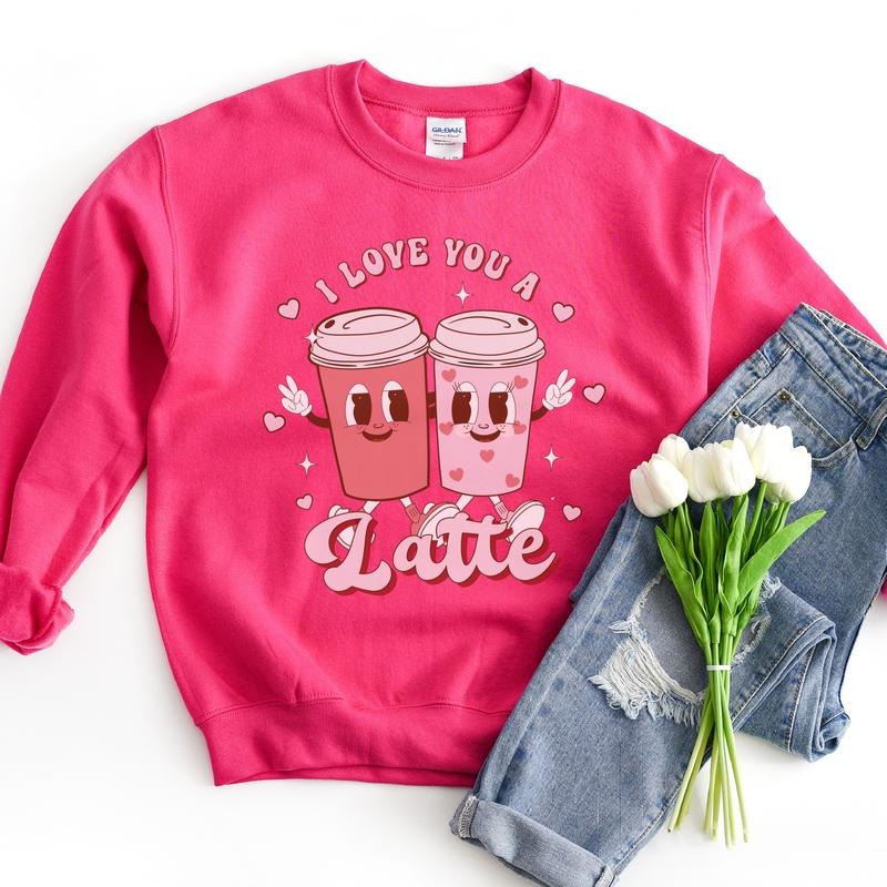 Love You Latte Sweatshirt Valentines Latte Pullover Coffee Valentines Sweatshirt Retro Valentines Pullover Smiley Face...