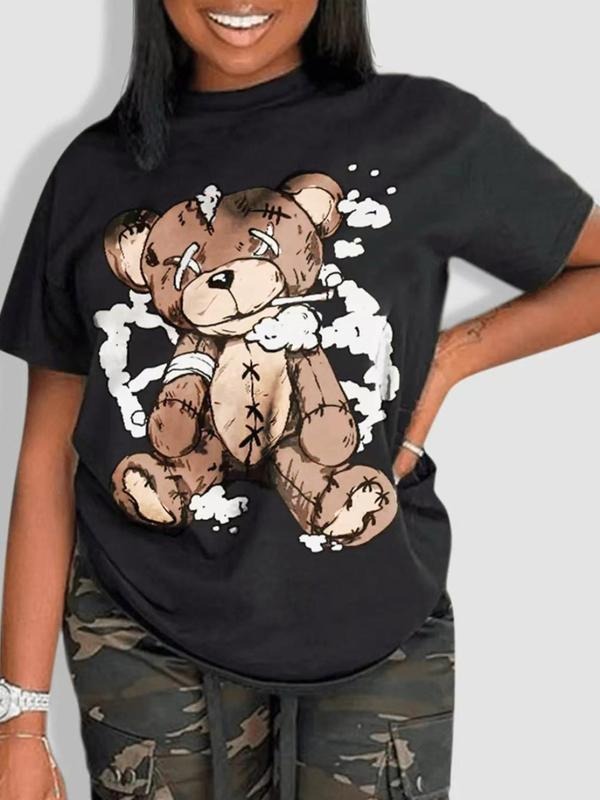 Lovelywholesale Women'WB shield Cartoon Bear Print Short Sleeve Tee, Casual Summer Round Neck T-shirt for Daily Wear,...