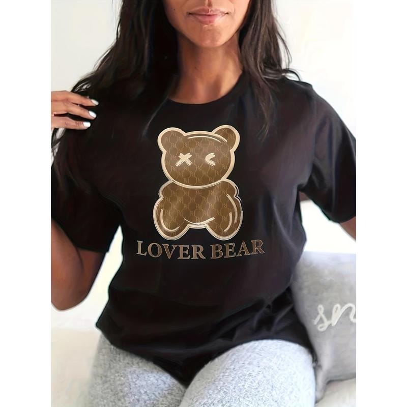 Lover Bear Print T-Shirt, Short Sleeve Crew Neck Casual Top For Summer & Spring, Women'WB shield Clothing Hoodie, Sweatshirt