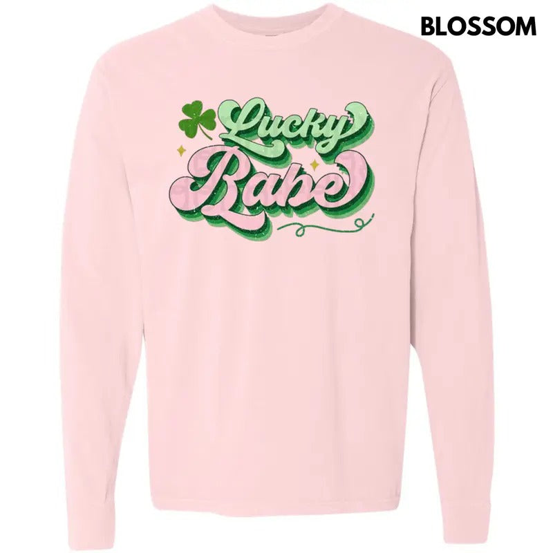 Lucky Babe Shamrock Long Sleeve Comfort Colors T-Shirt Hoodie, Sweatshirt | DripVista.com