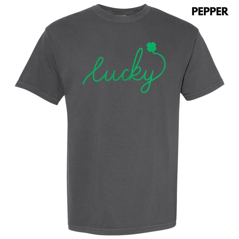 Lucky Cursive Green Puff Comfort Colors T-Shirt Hoodie, Sweatshirt | DripVista.com