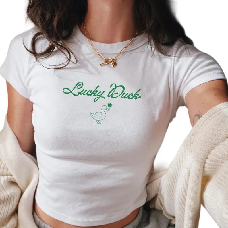 Lucky Duck Baby Tee, St Patricks Day Baby Tee, Lucky Irish Girl Shirt, St Paddys Day y2k 90s Style, Vintage Artwork Womens Retro Tee