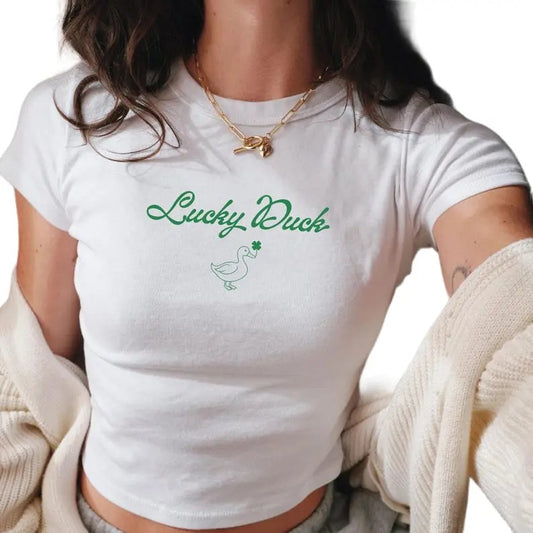 Lucky Duck Baby Tee, St Patricks Day Baby Tee, Lucky Irish Girl Shirt, St Paddys Day y2k 90s Style, Vintage Artwork Womens Retro Tee