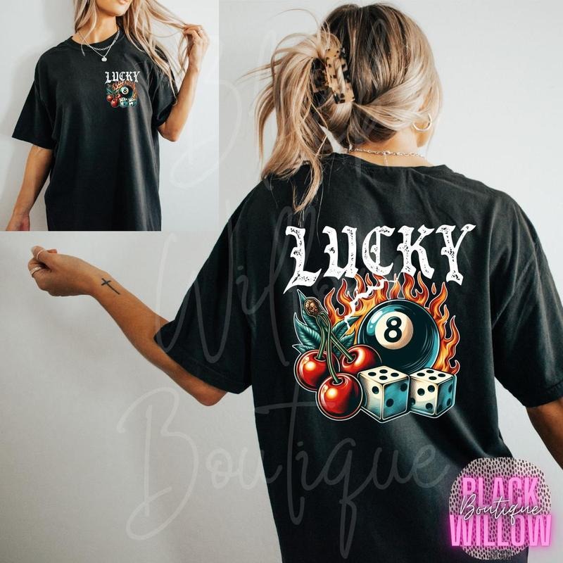 Lucky Eight Ball Tee, Lucky In Flames Graphic T-Shirt, Lucky Grunge Graphic Tee,Dice cherries, Yallternative Shirt, Edgy...