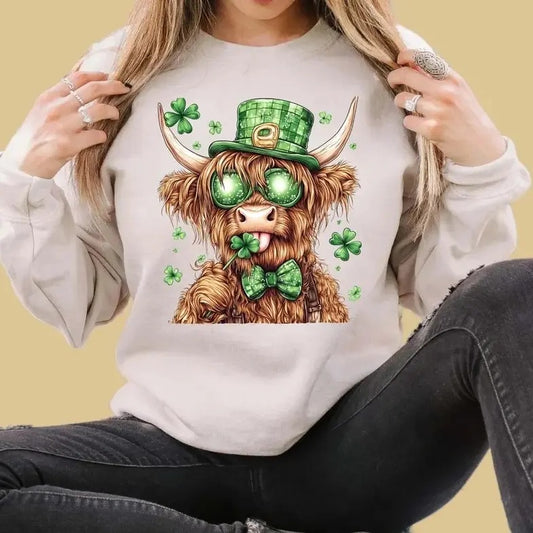 Lucky Highland Cow St. Patrick's Day Sweatshirt, St. Patrick's Day Sweatshirt For Women, Funny St. Patty's Day Shirt, Cow Lover Gift Crewneck