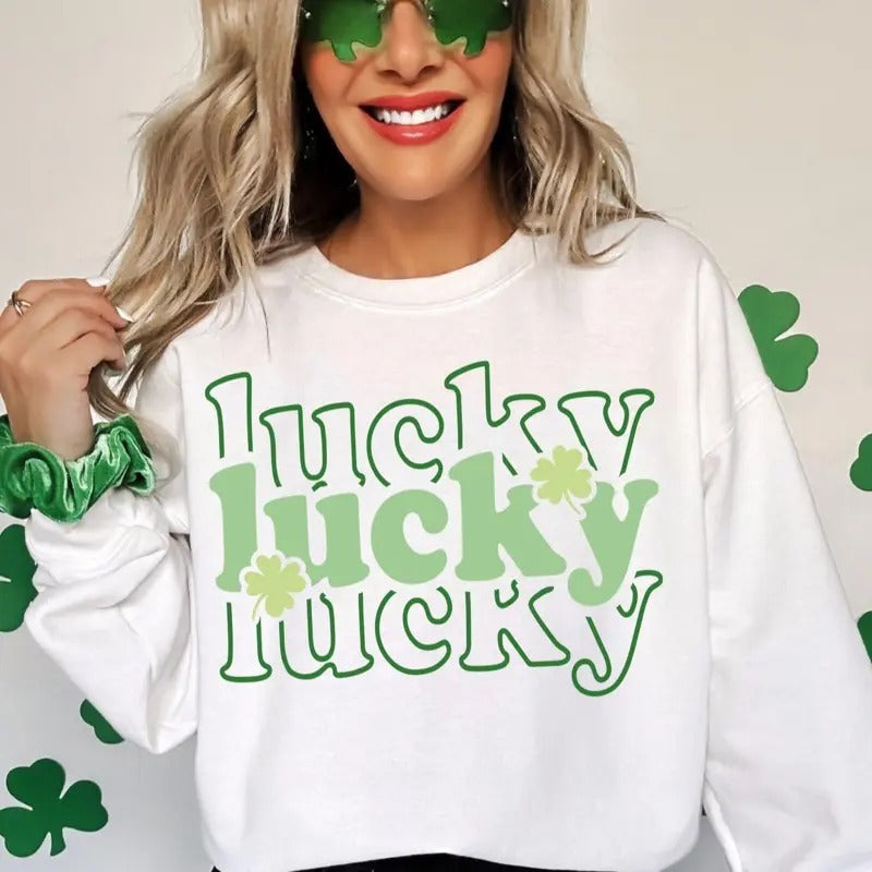 Lucky Lucky Lucky St Patricks Coquette Bow Trendy Sweatshirt Oversized Fit Loose-Fitting Casual Top - Comfort, Womenswear, Long Sleeve Top