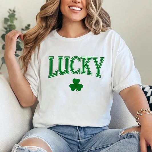 Lucky St Patrick's Day Clover Shamrock Lucky Tee Pure Cotton Casual Style Crew Neck Short Sleeve T-Shirt Tops Trendy for Unisex,