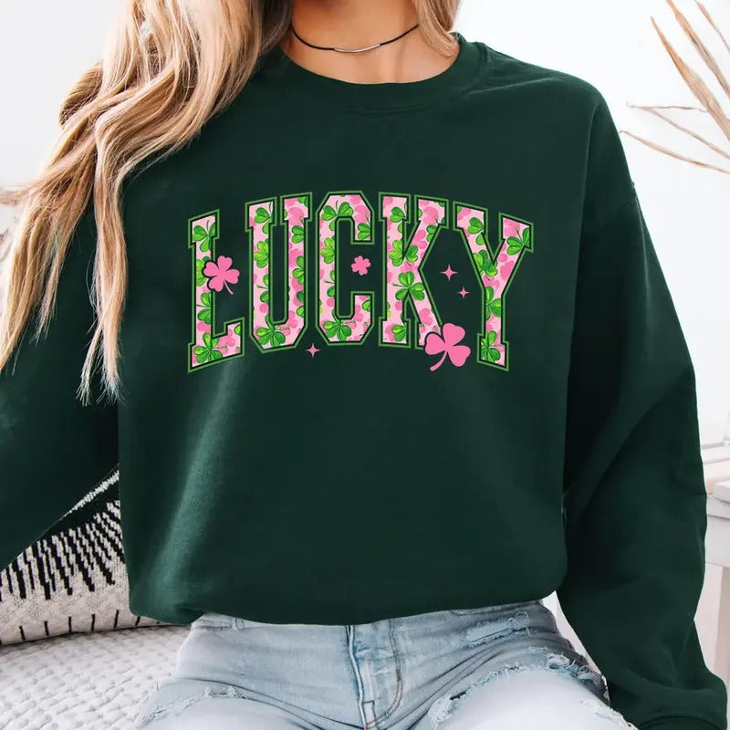 Lucky St Patrick's Day Sweatshirt, Lucky Pink Shamrock T-Shirt, St Patty Day Shirt, Shamrock Four Leaf Clover Sweater,...