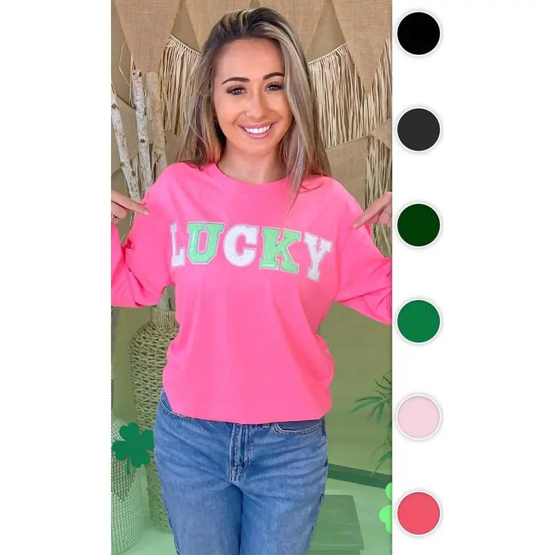 Lucky St Patricks Day Sequin Graphic Long Sleeve Shirt Hoodie, Sweatshirt | DripVista.com