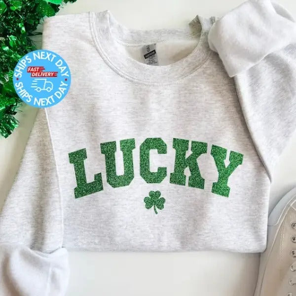 Lucky Sweatshirt Embroidered, Embroidered St Patty's Sweatshirt, Womens Emroidered Sweater, Womens St Patrick's Day...