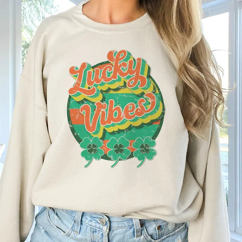 Lucky Vibes Retro Sweatshirt Clover Lucky Vibes Pullover Shamrock Vintage Sublimation Hoodie Womens St. Patricks Day...