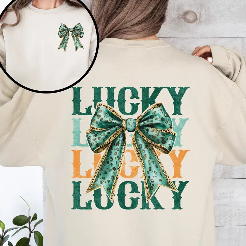 Lucky, St. Paddy's Day, Front and Back, Clover, Shamrock, Lucky Charm, St Patrick's Day Sweatshirt, Crew Neck, Women's,...