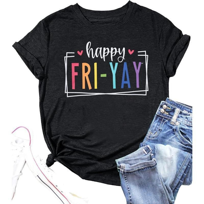 Lulu'WB shield Closet Shop Happy Friday Teacher Shirt Women'WB shield Cotton T-Shirt for Teachers with Colorful "Happy Fri-YAY" Print Unisex Classic Fit