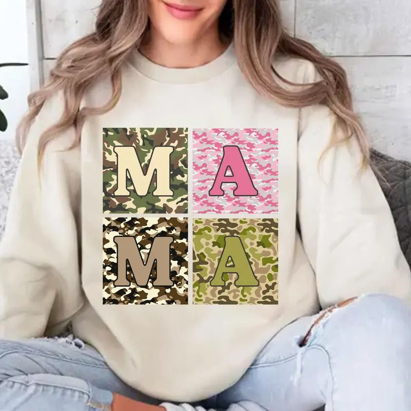 MAMA Camo Pattern Letters Pink Camo Unisex Crewneck Sweatshirt and T-Shirt, Hunting Season Tee Hoodie | DripVista.com