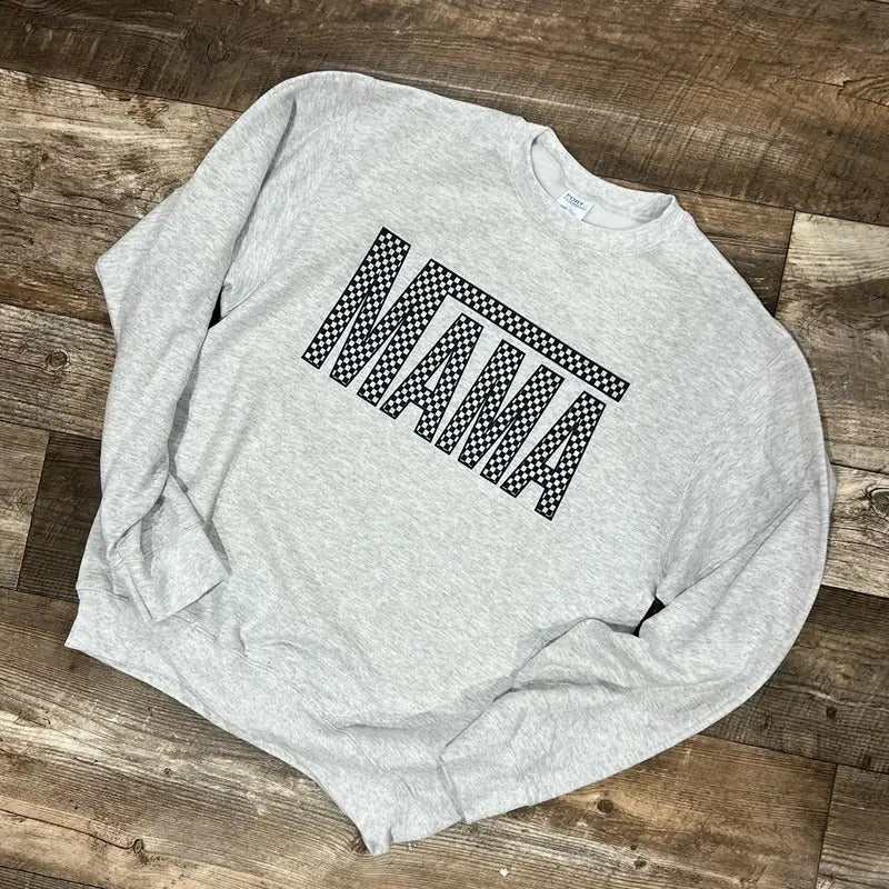 MAMA Checkered Crewneck Sweatshirt fleece lined unisex fit Casual Cotton Comfy T-Shirts, Hoodie | DripVista.com