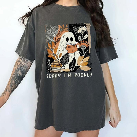 MAPTEES Retro Sorry I'm Booked Comfort Colors Shirt, Vintage Bookish Autumn Ghost Graphic Tee, Cute Ghost Reading T-shirt, Funny Book Lovers Outfits