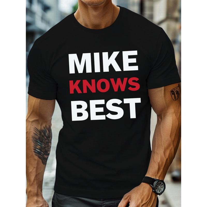 MIKE KNOWS BEST Letter Print Men's Crew Neck Short Sleeve Tees, Trendy T-shirt, Casual Comfy Lightweight Top For Summer,...