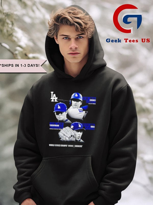 MLB 2025 Postseason Moment Shohei Ohtani Roki Sasaki and Yoshinobu Yamamoto Los Angeles Dodgers baseball shirt