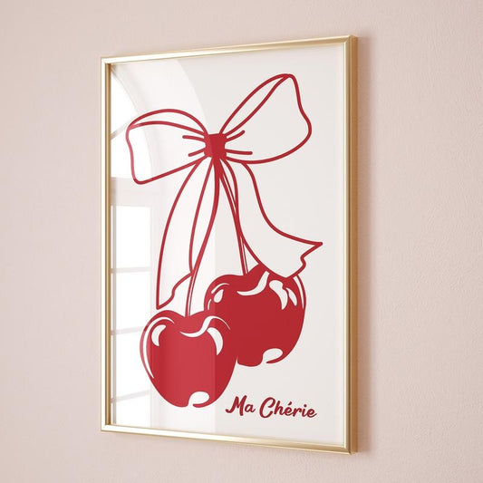 Ma Cherie Red Bow Cherry Poster, Coquette Wall Art Print, Trendy Preppy Wall Art, Coquette Room Aesthetic Decor, Poster Prints No Frame, Gifts For Women Wall Decor, Wall Art Room Decor, Big Wall Decor, Gifts For Birthday Landscape Photo
